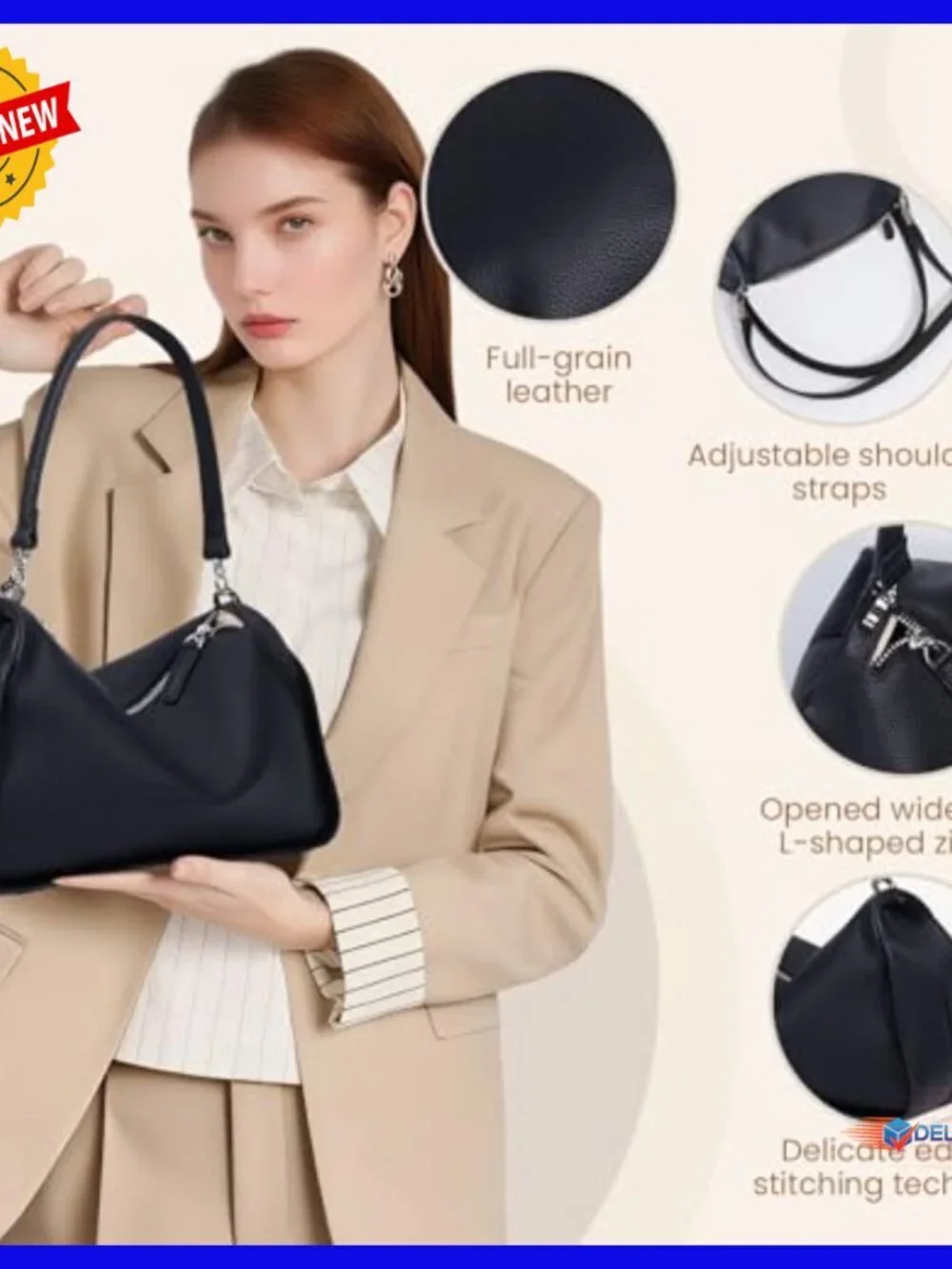 Full-Grain Leather Hobo Crossbody Bag Adjustable Strap Women's Handbag